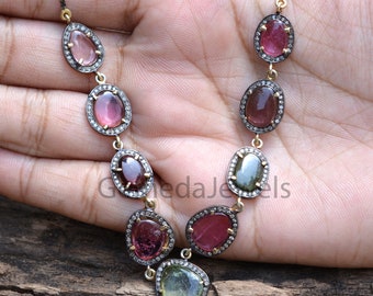 Multi-Color Tourmaline Necklace: Sterling Silver Pave Diamond Jewelry