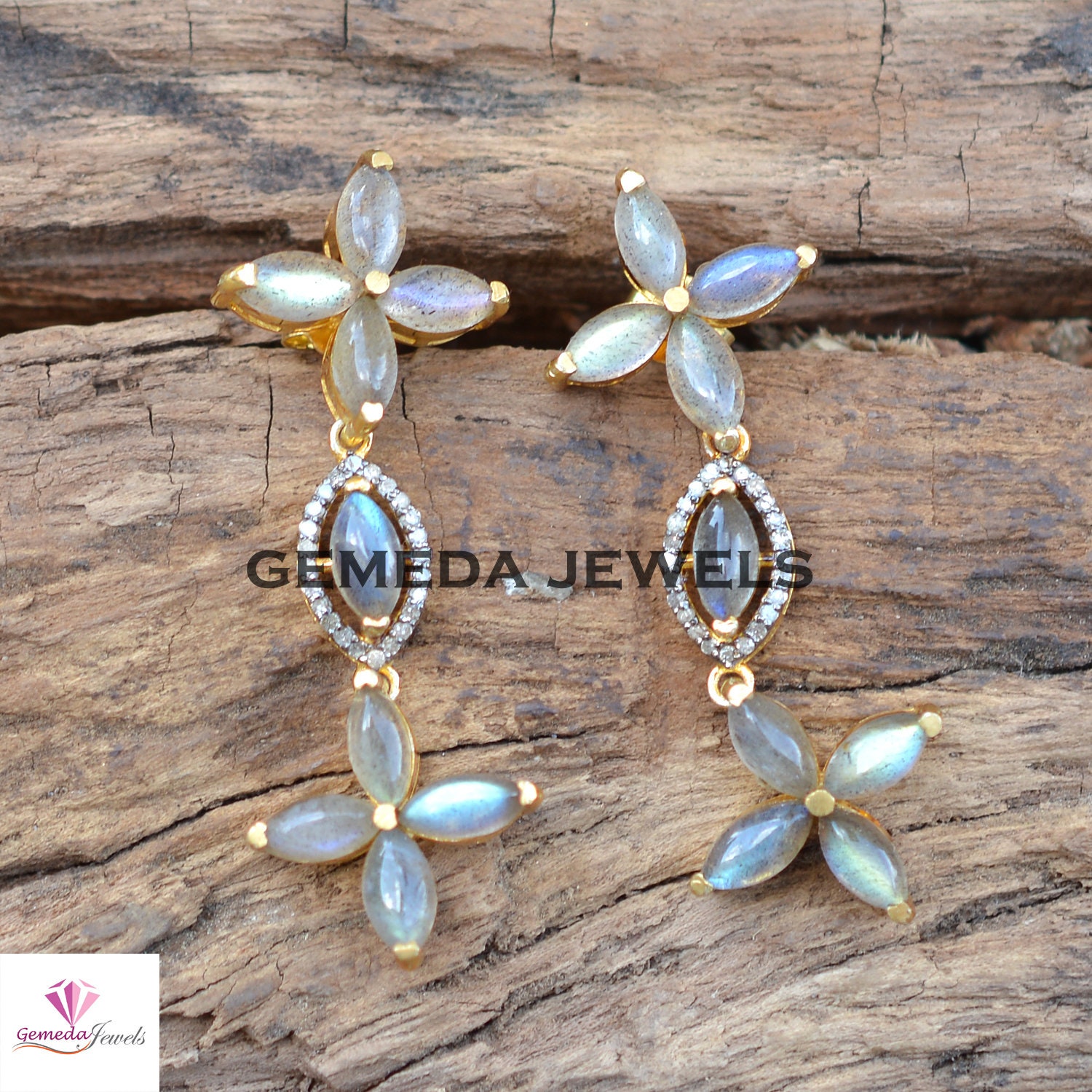 Handgefertigte Labradorit Blumen Ohrringe: Diamond Pave, 14k Gold Vermeil
