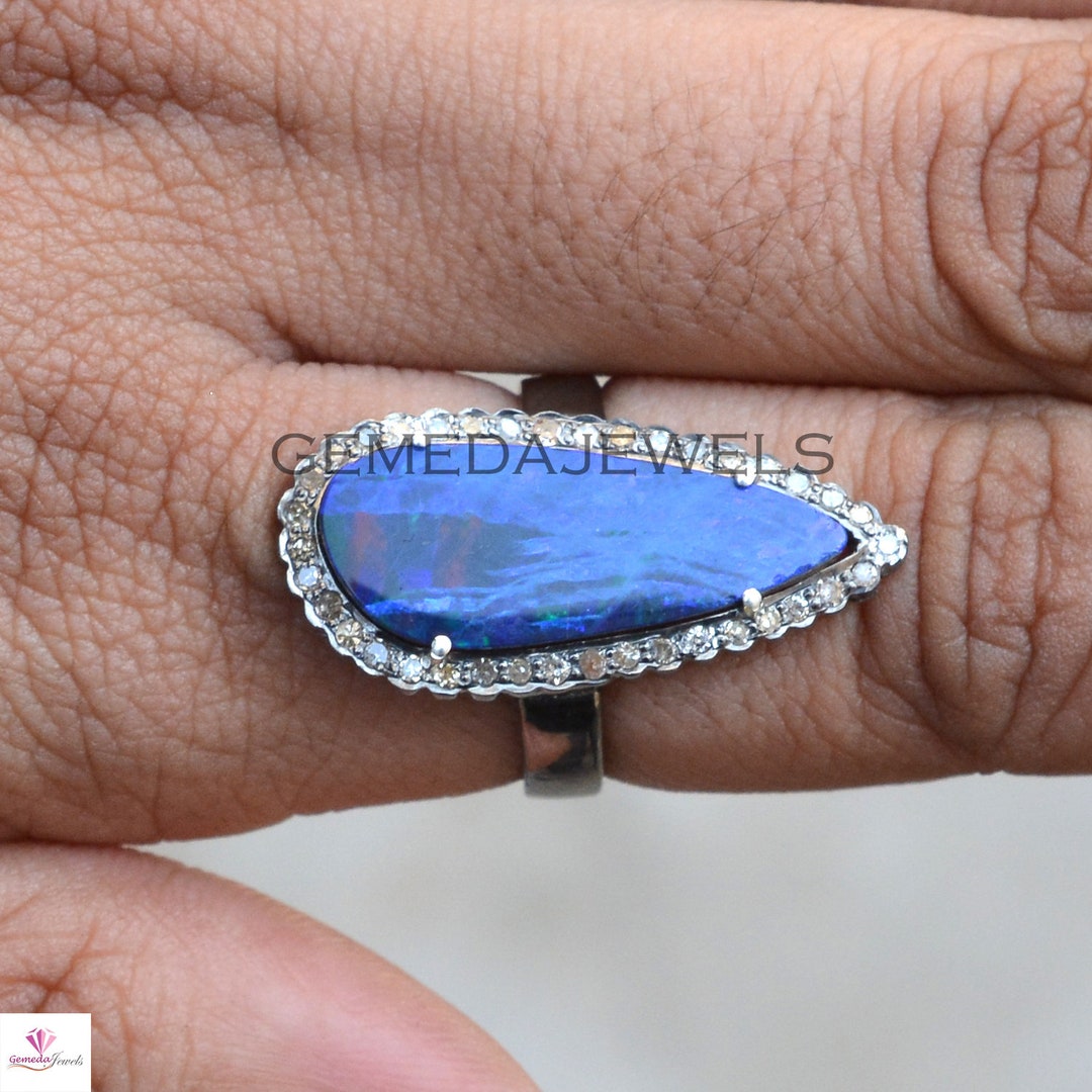 Australian Opal Ring: Sterling Silver Pave Diamond Gemstone Ring - Etsy
