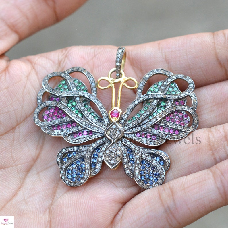 Women Gift Jewelry Genuine Multi-Gemstone Butterfly Pendant 925 Silver Pave Diamond Butterfly Pendant Necklace Christmas Gifts For Her
