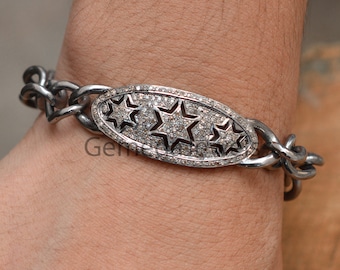 Pave Diamond Star Bracelet, Sterling Silver Link Chain, Handmade Jewelry