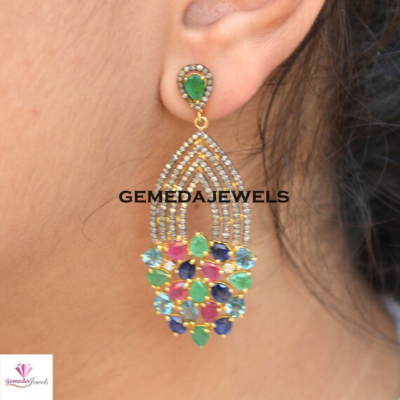 Sale Multi Color Gemstone Earrings Pave Diamond Jewelry 925