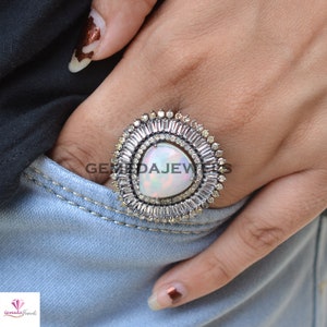 Sale!! Fire Opal Gemstone Ring, Pave Diamond Ring, October Birthstone Ring, Baguette Topaz Ring, 925 Silver Diamond Jewelry, Women Ring