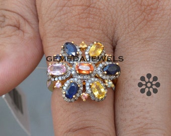 Multi Sapphire Gemstone Ring, Pave Diamond Ring, Gemstone Flower Ring, 925 Silver Jewelry, Gold Vermeil Ring, Gemstone Silver Ring, Gifts