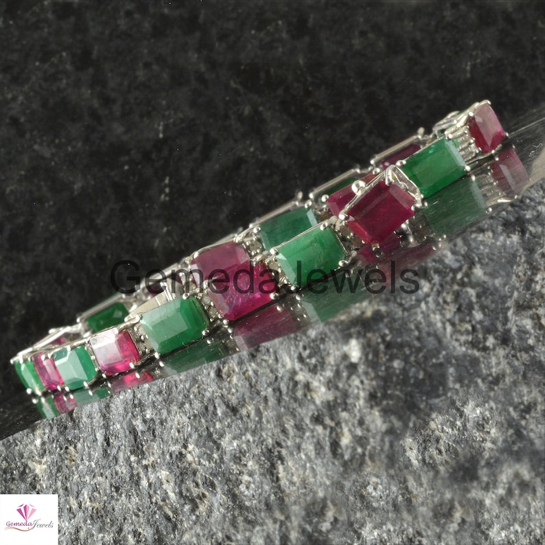 Natural Ruby Bracelet 925 Sterling Silver Jewelry Emerald Gemstone Bracelet Genuine Pave Diamond Handmade Link Chain Bracelet Fine Jewelry