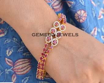 Handmade Ruby Gemstone Bracelet: Pave Diamond, 925 Silver, 14k Gold Plated Jewelry