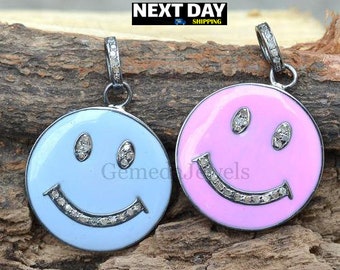 Pink Blue Enamel Pendant, 925 Silver Jewelry, Smiley Face Pendant Jewelry, Pave Diamond Charm Pendant, 16" Chain Necklace, Unisex Pendant