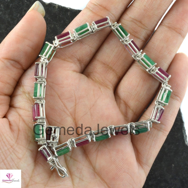 Natural Ruby Bracelet 925 Sterling Silver Jewelry Emerald Gemstone Bracelet Genuine Pave Diamond Handmade Link Chain Bracelet Fine Jewelry