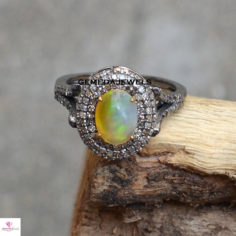 Sterling Silver Jewelry Ethiopian Opal Ring Pave Diamond Ring Statement Ring Diamond Opal Jewelry Gemstone Ring Jewelry Gift For Her