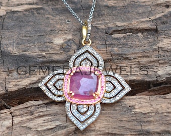 Ruby Flower Pendant: Pave Diamond, Sterling Silver Necklace