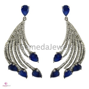 Pendientes colgantes de cianita y diamantes pavé, plata oxidada 925