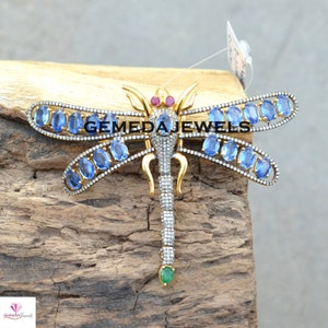 Sapphire Brooch Pin, Gemstone Brooch Pendant, Pave Diamond Dragonfly Brooch, 925 Silver Jewelry, Gold Vermeil Brooch Pin, Wedding Jewelry