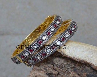 Polki Diamond Ruby Bangle: Handmade 925 Sterling Silver Bracelet