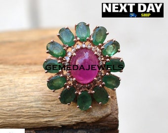 Belle bague de fleur rubis, bague en pierre précieuse émeraude, bijoux en argent pierre précieuse 925, bijoux en diamant pavé, bague plaquée or rose, cadeau pour elle