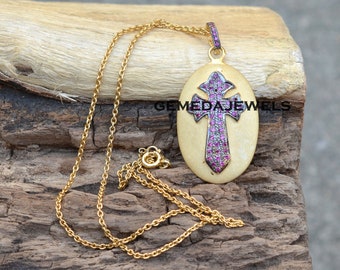 Ruby Cross Pendant: Gold Vermeil 925 Silver Necklace, 16" Chain