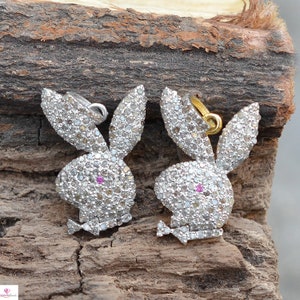 Pave Diamond Pendant, Diamond Playboy Bunny Pendant Jewelry, Charm Love Pendant, 14k Gold Vermeil 925 Silver 16&quot; Link Chain Necklace Jewelry