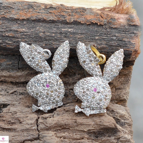 Pave Diamond Pendant, Diamond Playboy Bunny Pendant Jewelry, Charm Love Pendant, 14k Gold Vermeil 925 Silver 16" Link Chain Necklace Jewelry