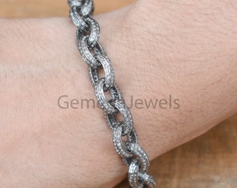 Pave Diamond Link Bracelet: Sterling Silver Chain, Handmade Jewelry