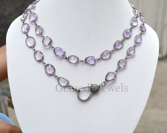 Amethyst 925 Sterling Silver Long Necklace: Pave Diamond Clasp, 36 Inch