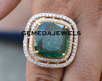 Handmade 14k Yellow Gold Emerald Ring: Pave Diamond Wedding Jewelry