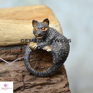 Pave Diamond Cat Ring: Ruby Eyes, 14k Gold & Sterling Silver