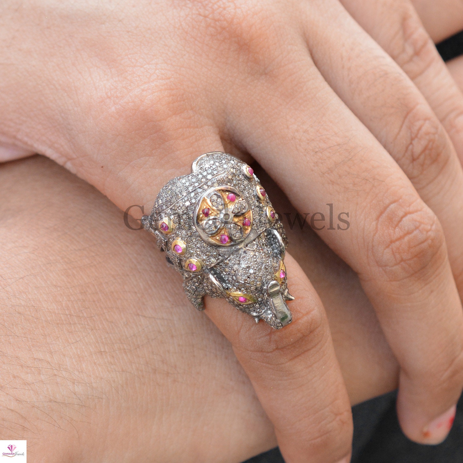 Bague éléphant En Argent 925 Avec Yeux En Cristal Rubis - Taille 50, Occasion Bon état