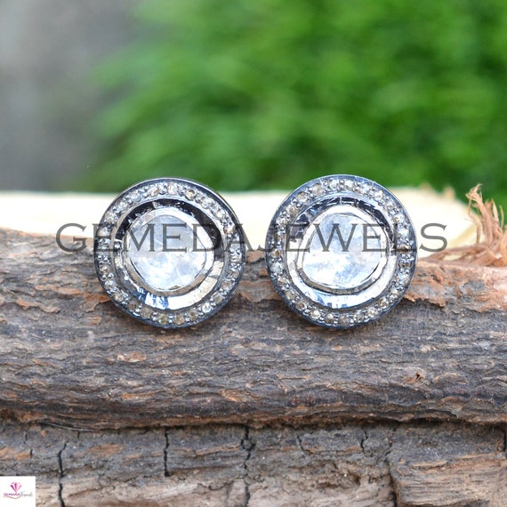 Polki Gray Diamond Earrings Round Gold-plated Sterling Silver Polki Gray Diamond Earrings Round Gold-plated Sterling Silver