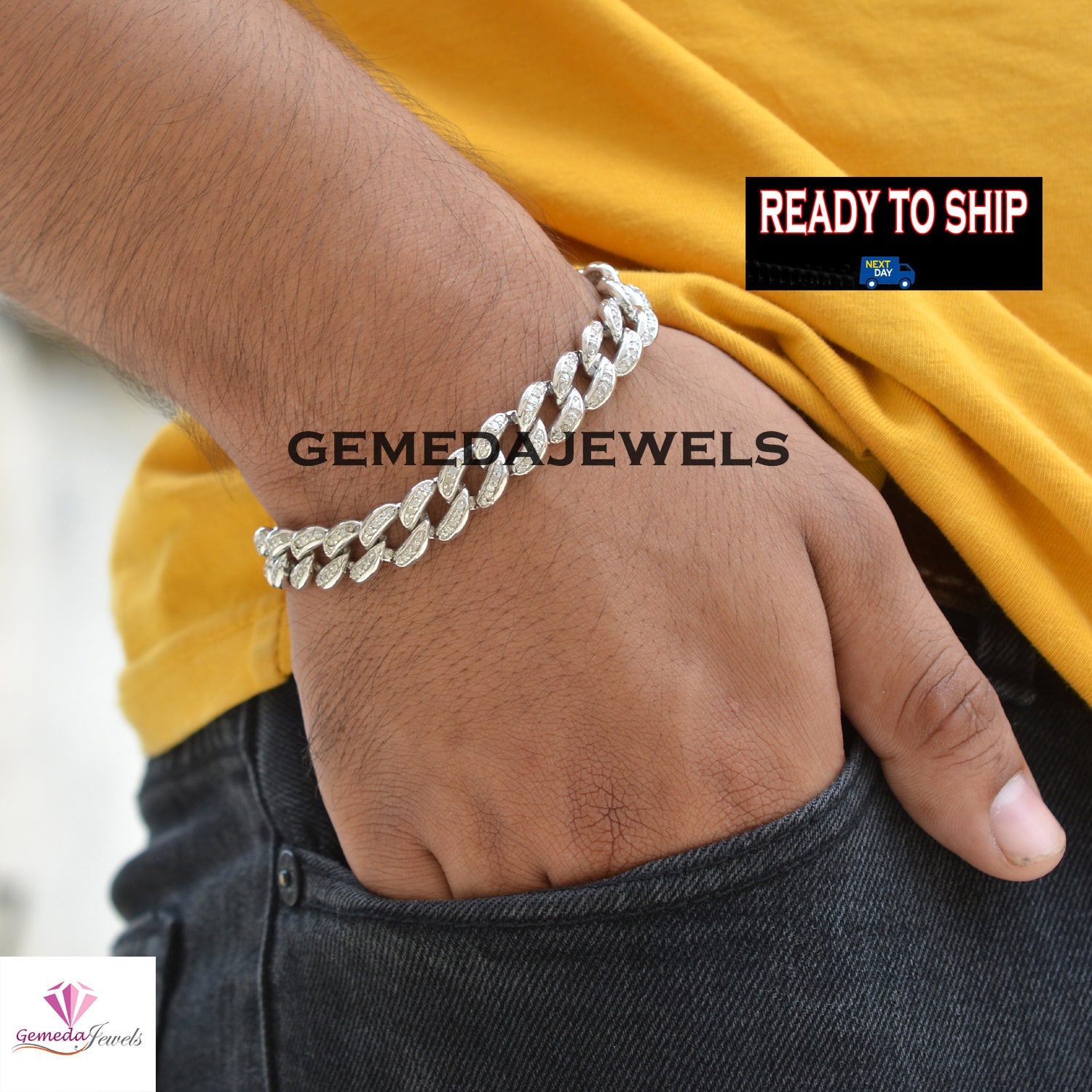 12MM Pave Diamond Link Bracelet: White Rhodium Plated 925 Silver