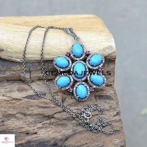 Blue Turquoise Pendant, 925 Silver Jewelry, Pave Diamond Pendant, Gemstone Silver Pendant, 16" Chain Necklace, Diamond Silver Pendant, Gifts