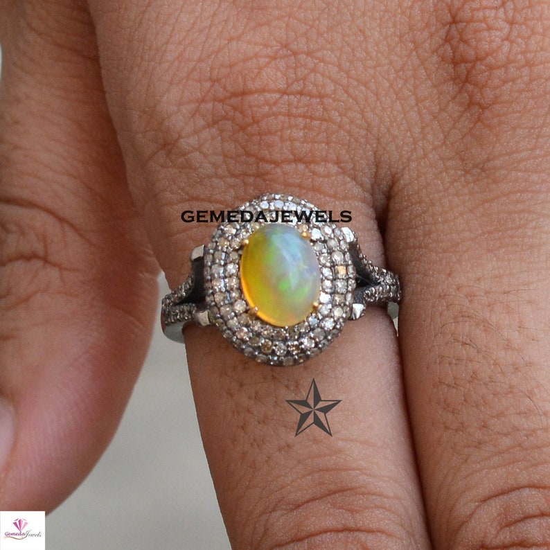 Sterling Silver Jewelry Ethiopian Opal Ring Pave Diamond Ring Statement Ring Diamond Opal Jewelry Gemstone Ring Jewelry Gift For Her