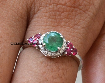 Handmade Emerald & Ruby Ring: 14k White Gold Pave Diamond Stacking Ring