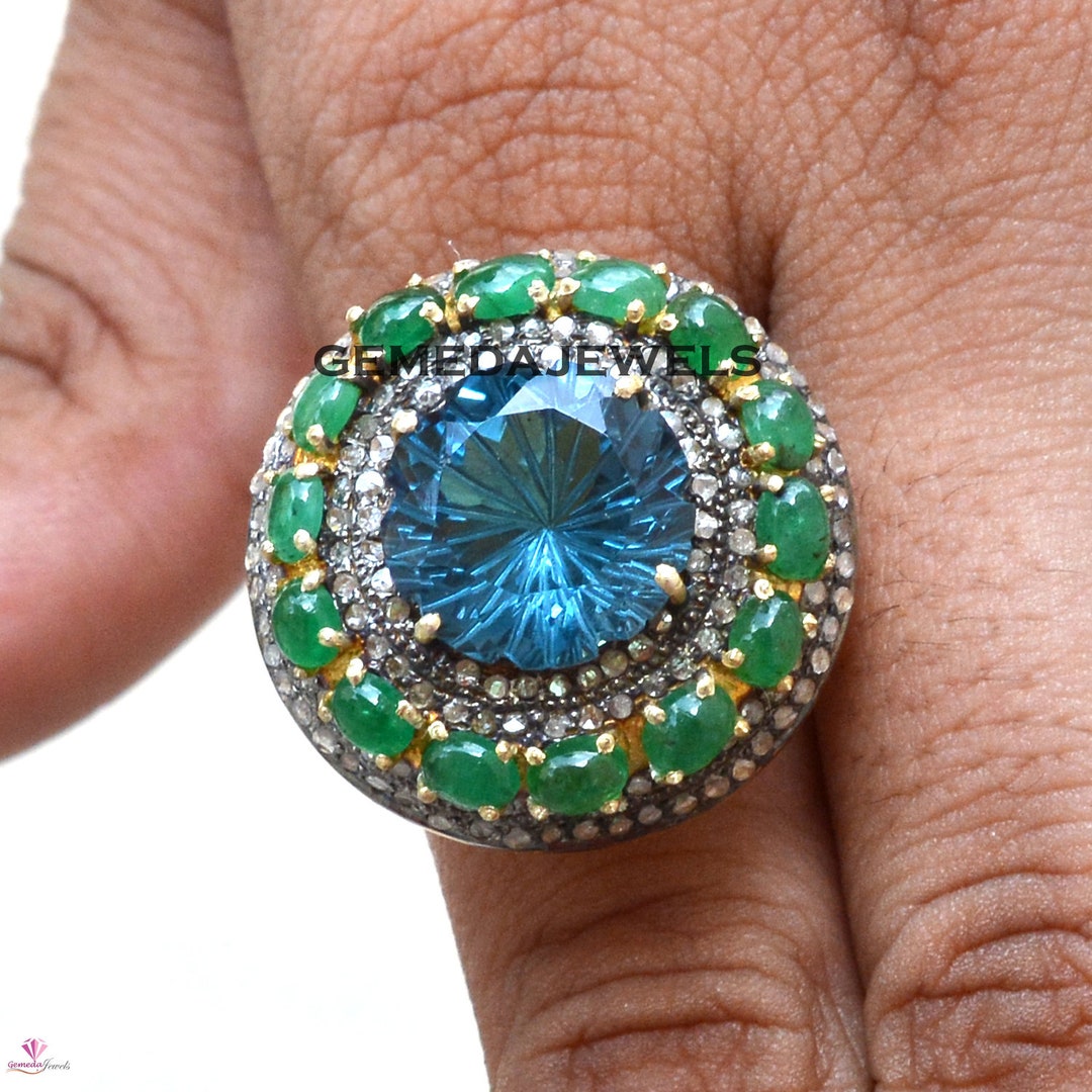 London Blue Topaz Ring Emerald Gemstone Ring Pave Diamond - Etsy