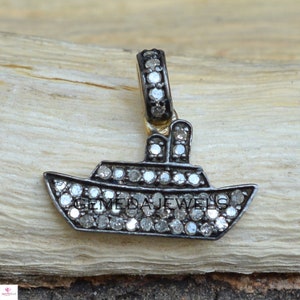 Pave Diamond Pendant, Diamond Silver Boat Pendant, Sterling Silver Jewelry, Diamond Necklace Jewelry, Diamond Charm Pendant, 16&quot; Link Chain