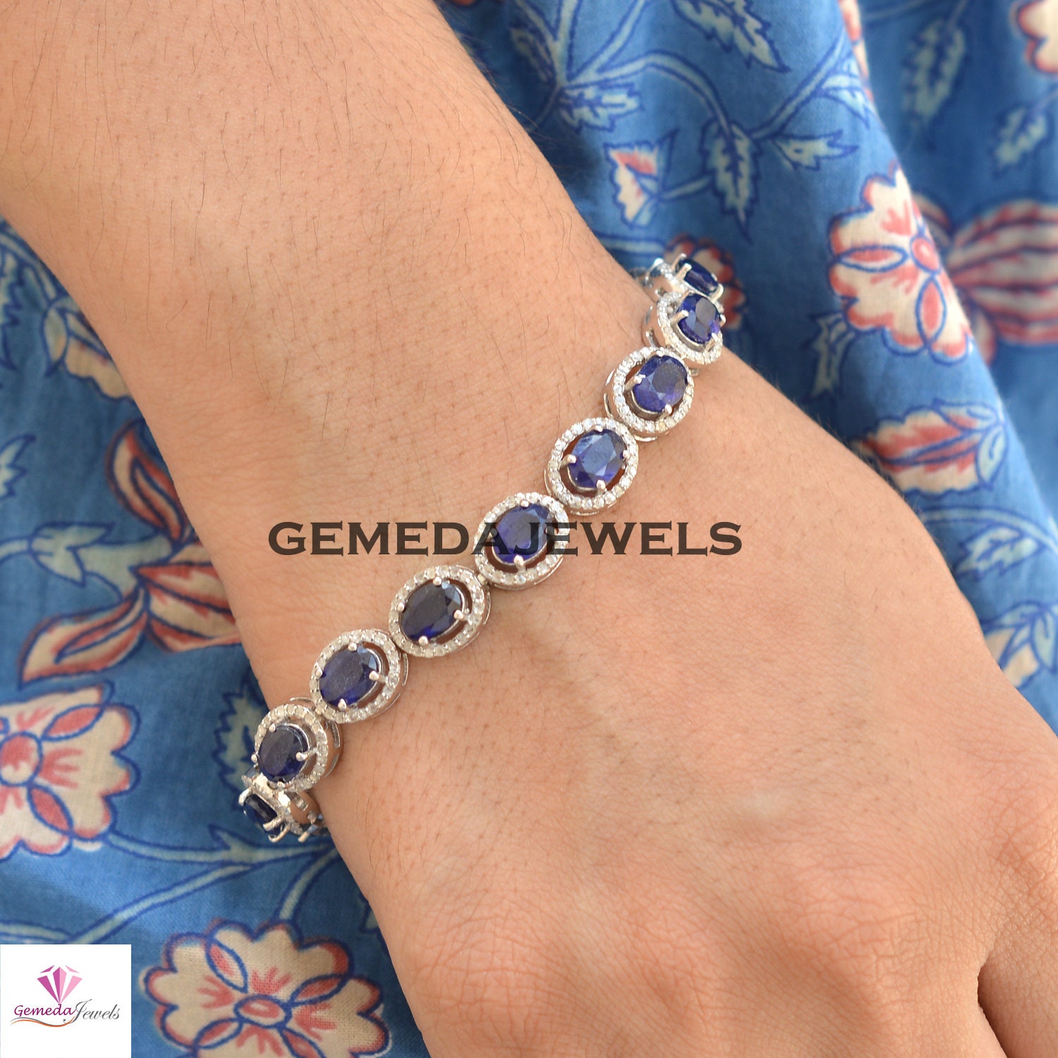 Natural Blue Sapphire Bracelet, Pave Diamond Bracelet, Solid 925 Silver Jewelry, Gemstone Link Bracelet, Gemstone Bracelet Jewelry, Gift