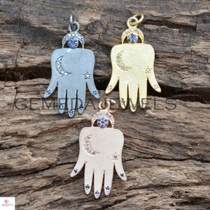 Angebot!! Pave Diamant Anhänger, Gold Vermeil Schmuck, Hamsa Anhänger, Halbmond Anhänger, Saphir Edelstein Schmuck, religiöser Anhänger
