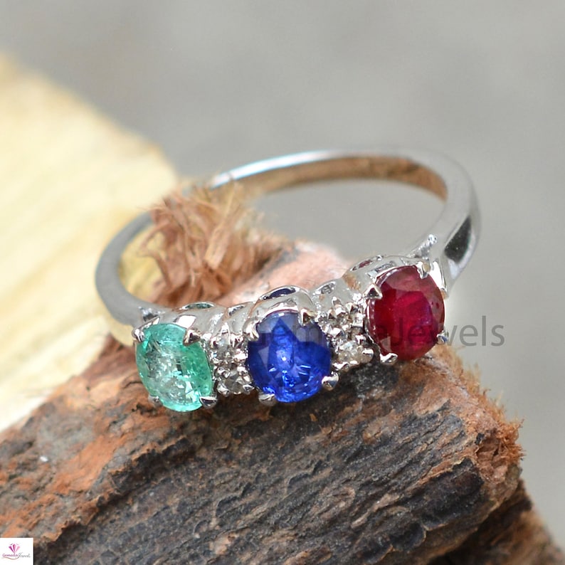 Emerald Ruby Sapphire Gemstone Ring Valentine Day Gift Diamond Silver Ring Handmade Band Ring Faceted Gemstone Ring 925 Silver Jewelry