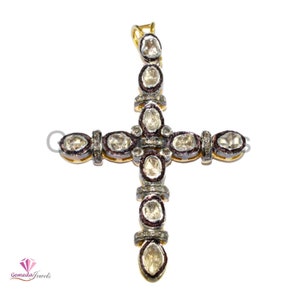 Sale! Polki Diamond Pendant, Diamond Pave Pendant, 925 Silver Jewelry, Diamond Cross Pendant, Religious Pendant, 16&quot; Link Chain Necklace