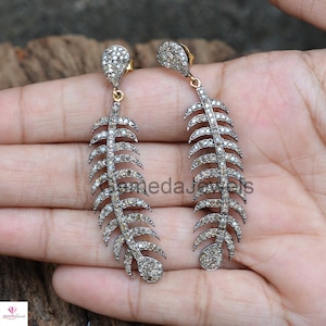 Pave Diamond Earrings, Sterling Silver Jewelry, 14k Gold Earrings, Feather Earring Jewelry, Leaf Earrings, Women Jewelry, Diamond Jewelry