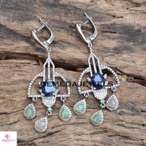Fire Opal Sapphire Diamond 925 Silver Chandelier Earrings