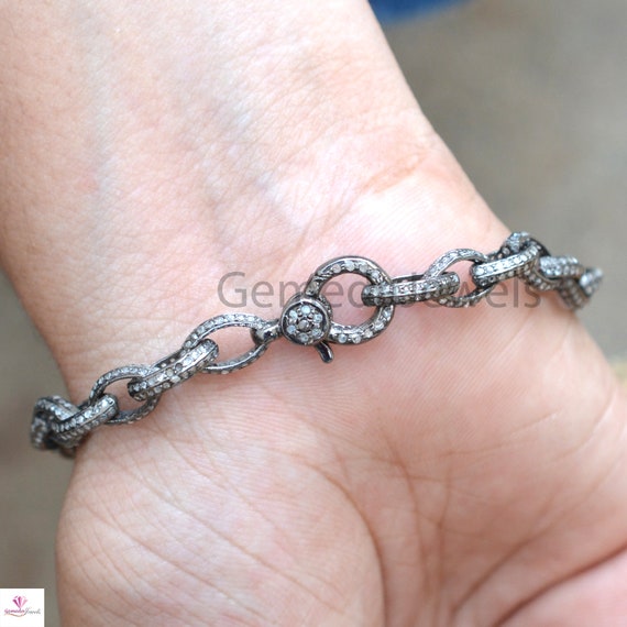 Pave Diamond Bracelet Diamond Lobster Lock Chain Bracelet Oval Connector Bracelet Diamond Jewelry Sterling Silver Customised Bracelet
