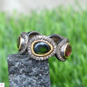 Genuine Multi Tourmaline Band Ring, Genuine Pave Diamond Ring, 925 Sterling Silver Ring, Tourmaline Stacking Ring, Wedding Ring Jewellery