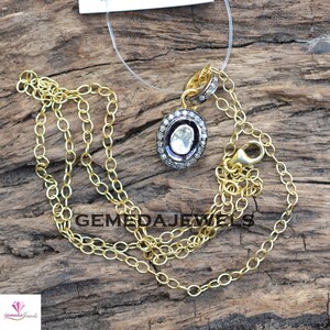 Sale! Polki Diamond Oval Pendant, 925 Sterling Silver Jewelry, Gold Vermeil Pendant, 16&quot; Chain Pendant Necklace, Pave Silver Jewelry, Gifts
