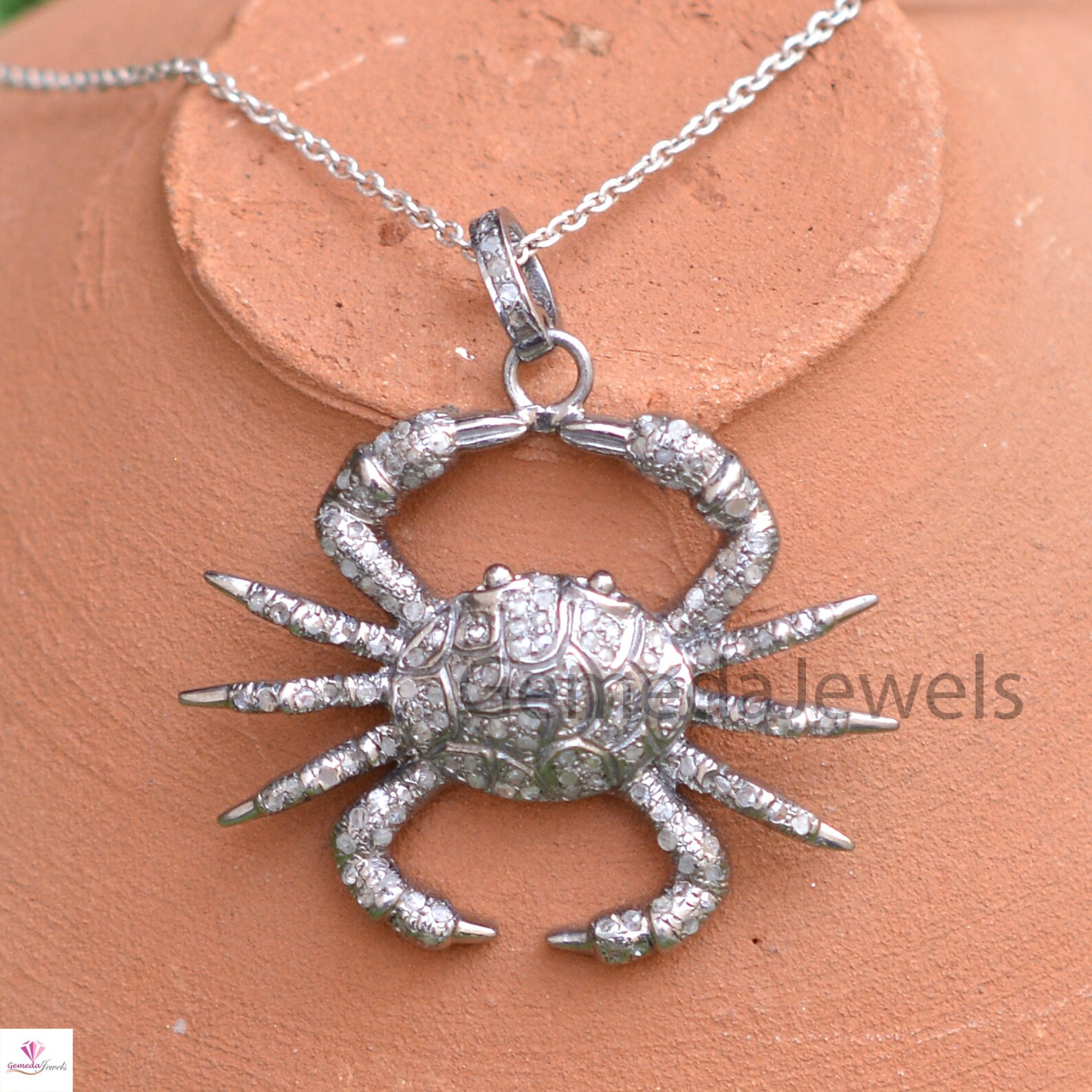Pave Diamond Crab Pendant Silver Diamond Crab Jewelry Etsy