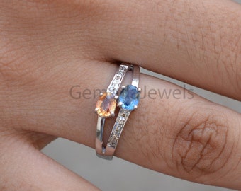 Handmade Blue & Yellow Sapphire Ring, Pave Diamond, September Birthstone