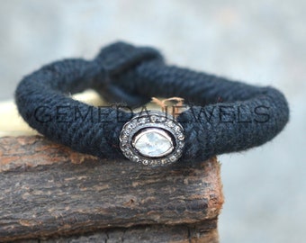 Polki Diamond Bracelet Jewelry, Black Thread Bracelet, Diamond Macrame Bracelet, Sterling Silver Jewelry, Friendship Macrame Bracelet, Gift