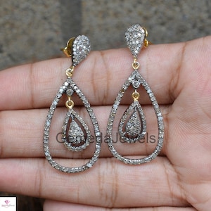 Sale!! Sparkling Pave Diamond Earring, 925 Silver Jewelry, Pave Diamond Jewelry, 14k Gold Earrings, Dangle Earrings, Valentine&#39;s Day Gift