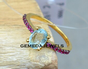 Bague topaze bleue faite main : argent sterling plaqué or, pavé de rubis