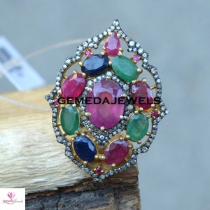 Multi Gemstone Sterling Silver Ring: Pave Diamond Wedding Jewelry