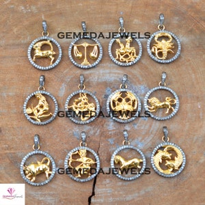 Pave Diamond Zodiac Sign Pendant: 14k Gold Vermeil, 925 Silver