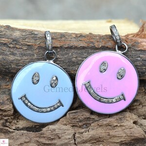 Enamel Smiley Face Pendant: 925 Silver Pave Diamond Charm Necklace